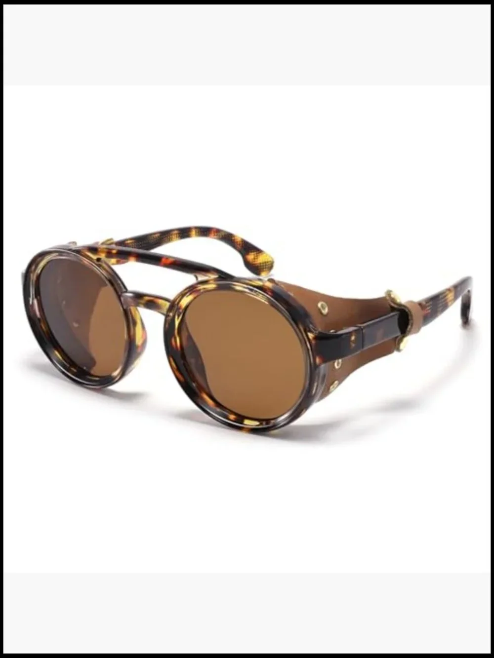 Retro Round Steampunk Polarized Sunglasses with Leather Side Shield
